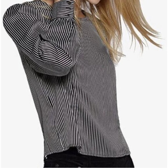 AVEC LES FILLES Black White Striped Cuffed Long Sleeve Shirt Blouse Size Small - Picture 2 of 13